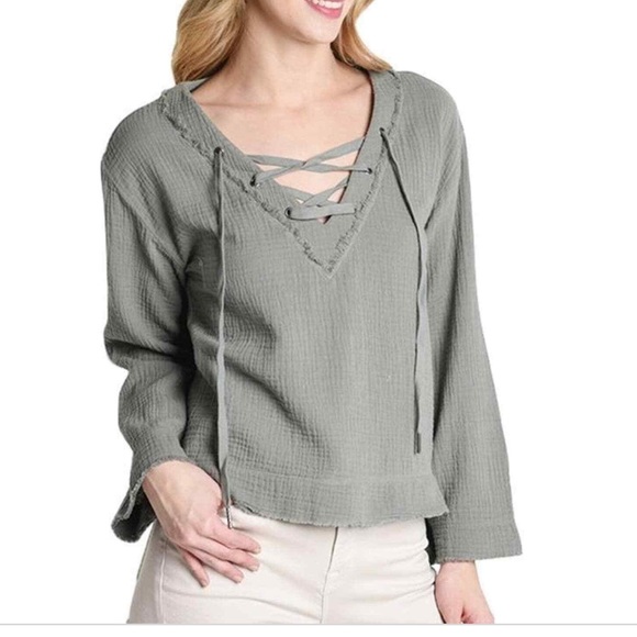 Bella Dahl lace up freyed trim top - Picture 2 of 5